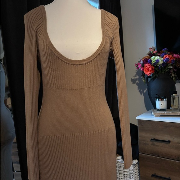 MABLE Tan Ribbed Long Sleeve Sweater Dress - Picture 2 of 6